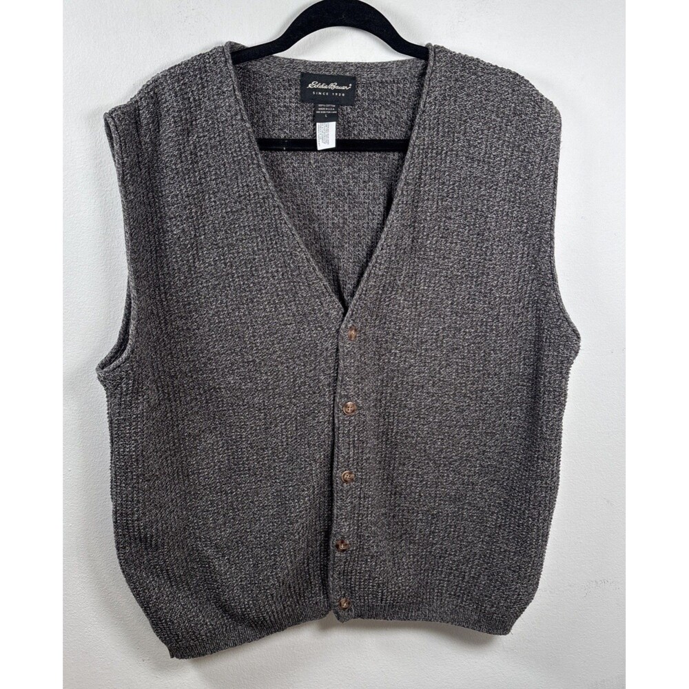 Eddie Bauer Men’s L Cotton Sweater Vest Gray Grandpa Core Preppy Golf V-Neck